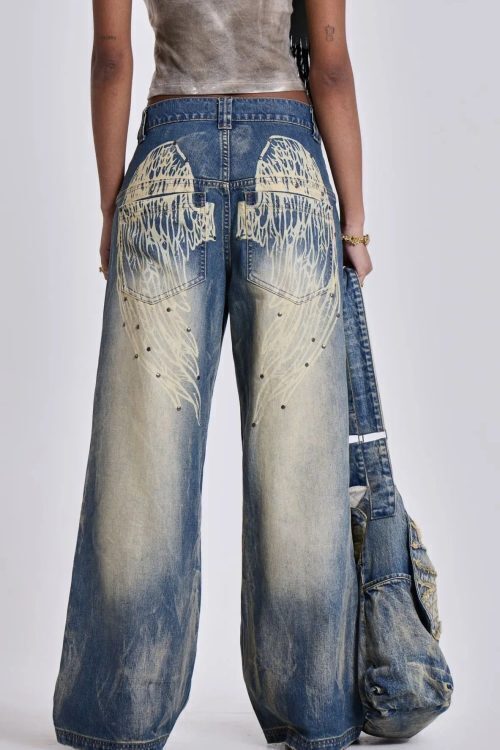 Gradient Wing Print Wide Leg Jeans