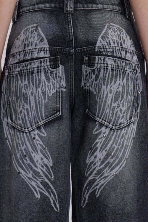 Gradient Wing Print Wide Leg Jeans
