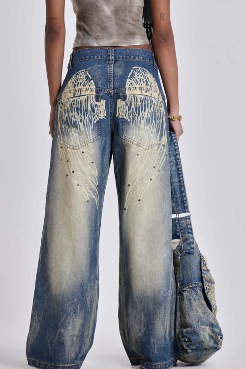 Gradient Wing Print Wide Leg Jeans