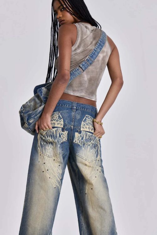 Gradient Wing Print Wide Leg Jeans