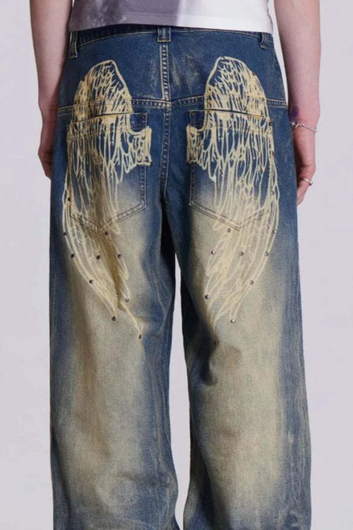 Gradient Wing Print Wide Leg Jeans