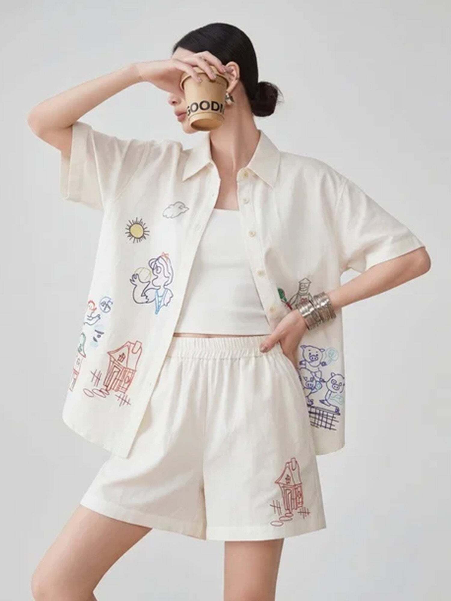 Graffiti-style Print Long Sleeve Shirt / Half Pants