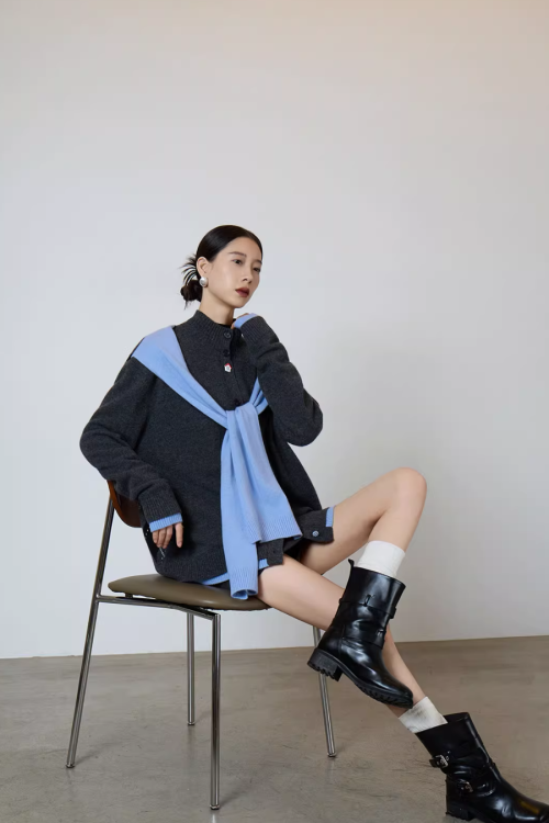 Gray Blue Color Block Design Knit