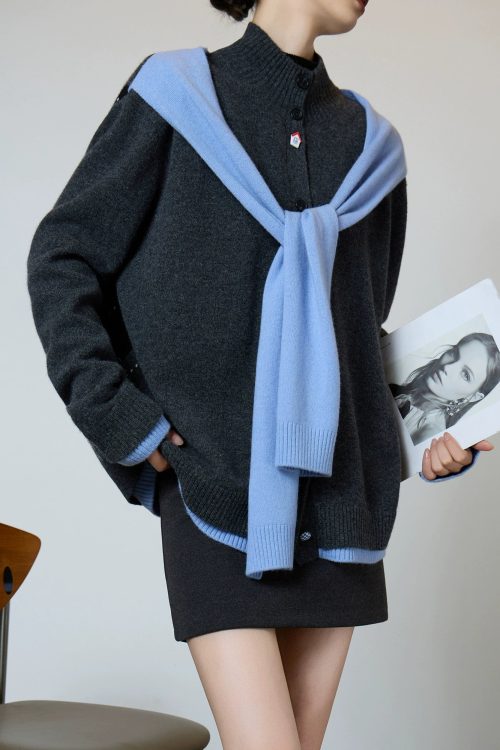 Gray Blue Color Block Design Knit