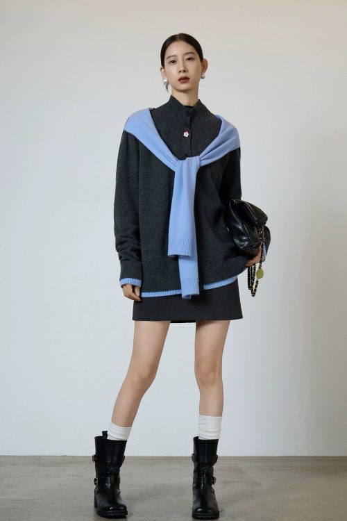 Gray Blue Color Block Design Knit