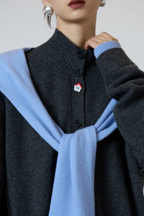 Gray Blue Color Block Design Knit