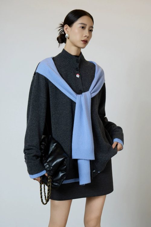 Gray Blue Color Block Design Knit