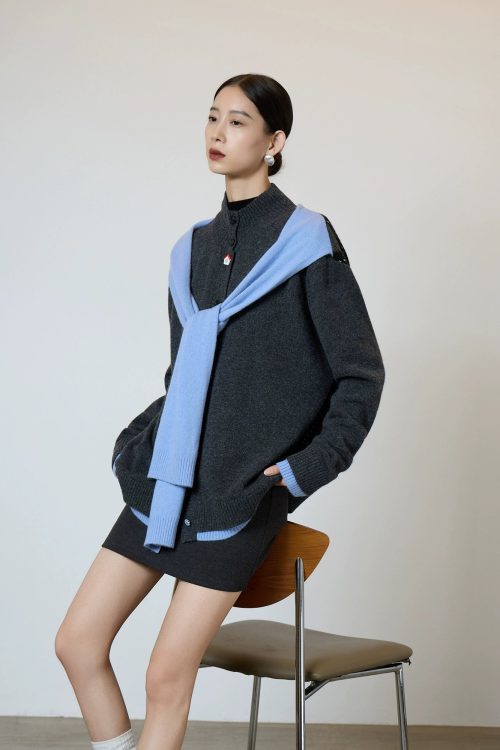 Gray Blue Color Block Design Knit