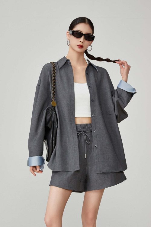 Gray Collared Long-Sleeve Shirt / Shorts