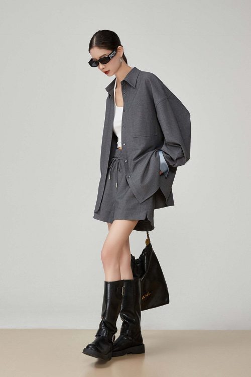 Gray Collared Long-Sleeve Shirt / Shorts