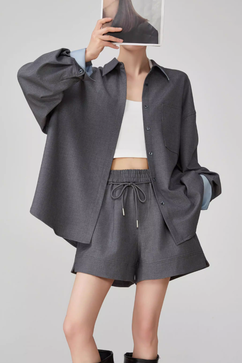 Gray Collared Long-Sleeve Shirt / Shorts