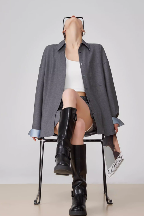 Gray Collared Long-Sleeve Shirt / Shorts