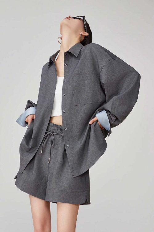 Gray Collared Long-Sleeve Shirt / Shorts