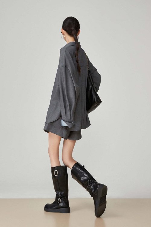 Gray Collared Long-Sleeve Shirt / Shorts