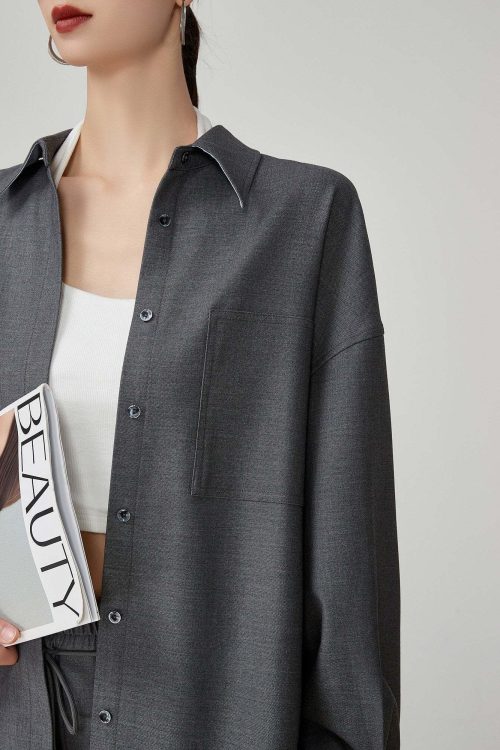 Gray Collared Long-Sleeve Shirt / Shorts