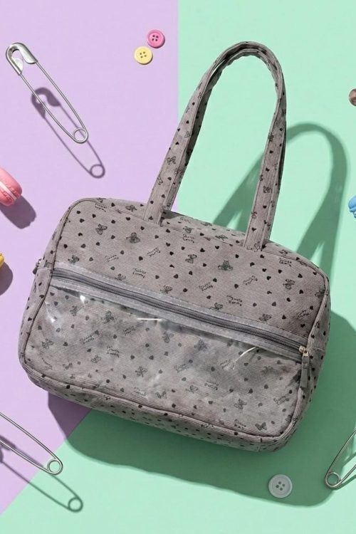Gray Kawaii Convertible Ita Bag with Clear Window for Pin Display