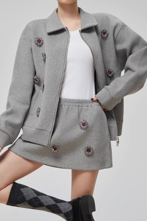 Gray Rhinestone Long-Sleeve Jacket / High-Waist Skirt