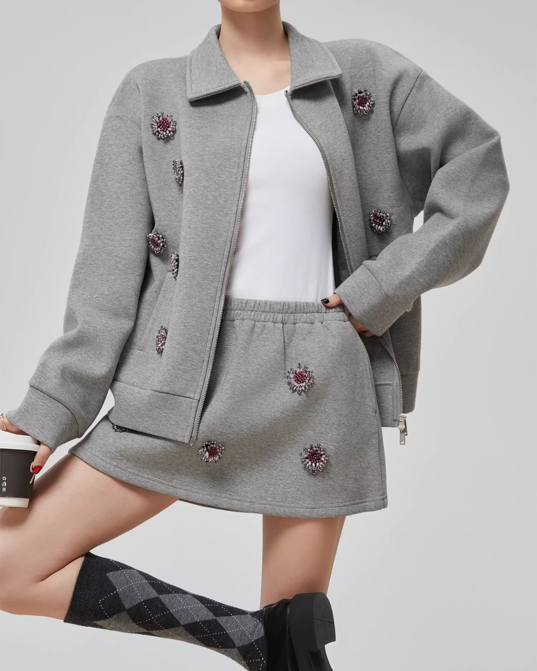 Gray Rhinestone Long-Sleeve Jacket / High-Waist Skirt Gray Rhinestone Long-Sleeve Jacket / High-Waist Skirt