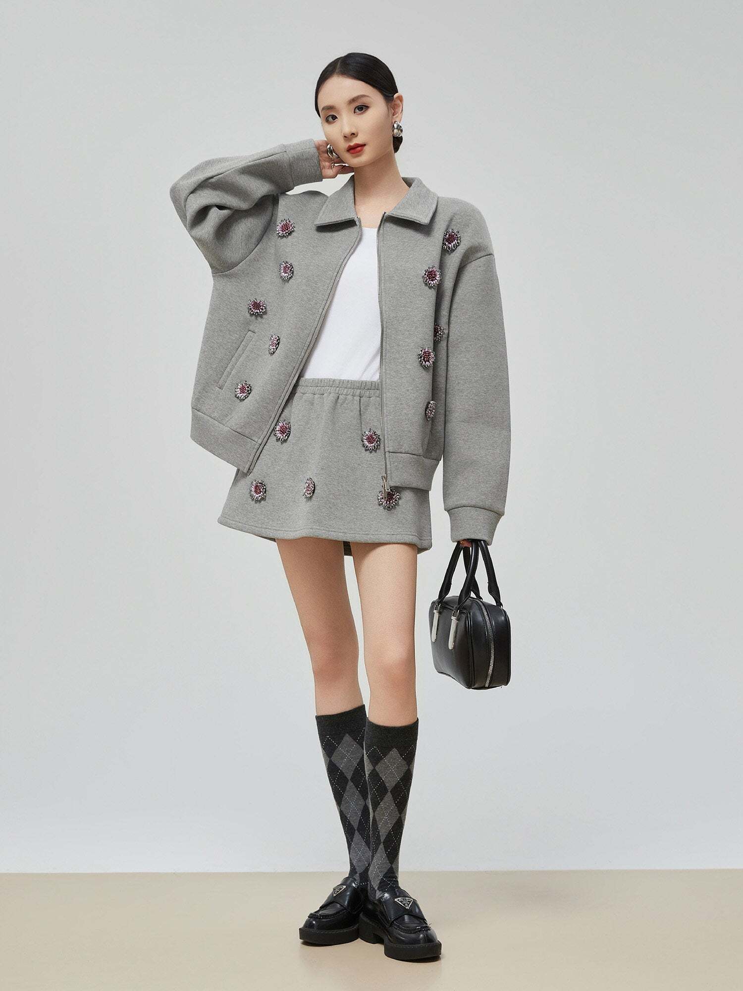 Gray Rhinestone Long-Sleeve Jacket / High-Waist Skirt Gray Rhinestone Long-Sleeve Jacket / High-Waist Skirt