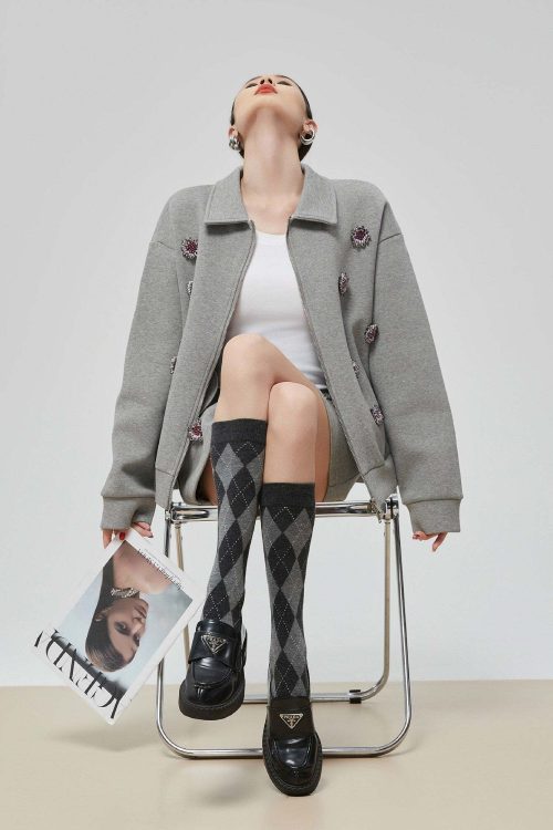 Gray Rhinestone Long-Sleeve Jacket / High-Waist Skirt