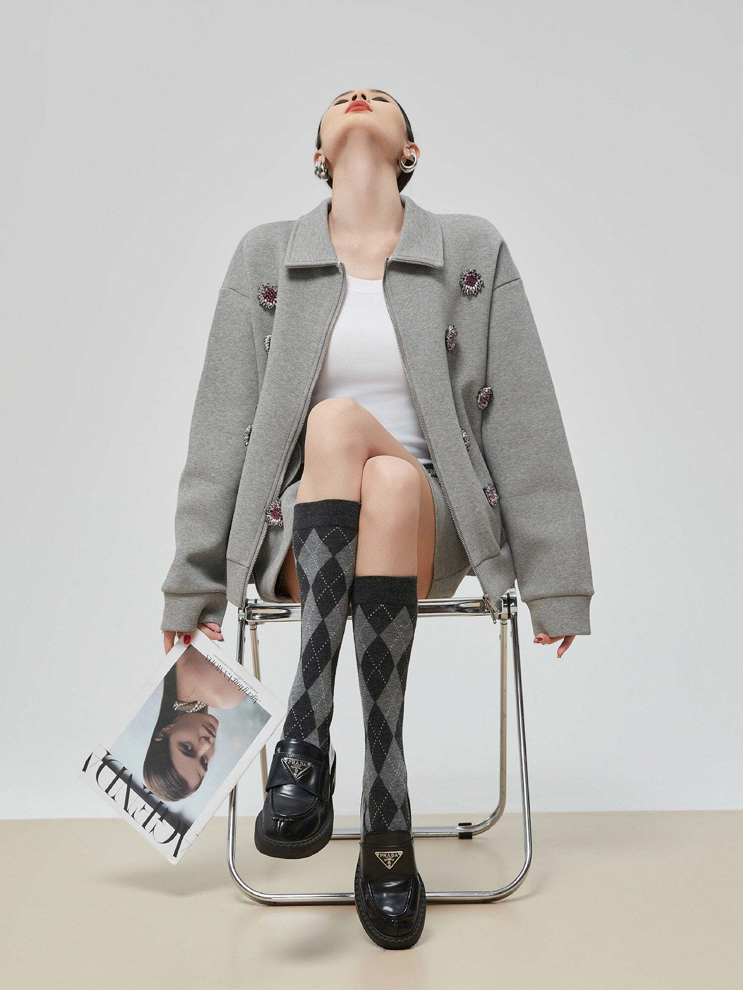 Gray Rhinestone Long-Sleeve Jacket / High-Waist Skirt Gray Rhinestone Long-Sleeve Jacket / High-Waist Skirt