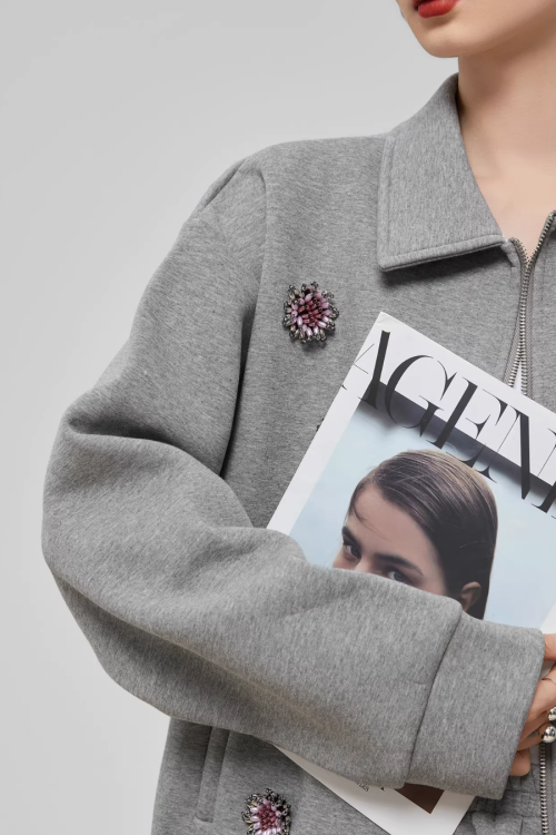 Gray Rhinestone Long-Sleeve Jacket / High-Waist Skirt