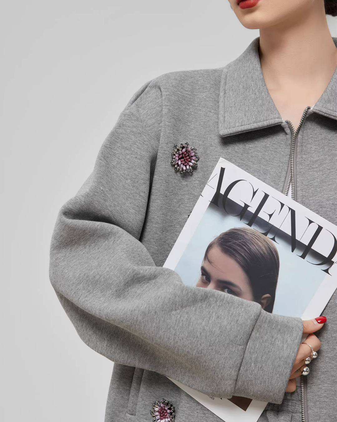 Gray Rhinestone Long-Sleeve Jacket / High-Waist Skirt Gray Rhinestone Long-Sleeve Jacket / High-Waist Skirt