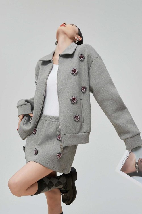 Gray Rhinestone Long-Sleeve Jacket / High-Waist Skirt