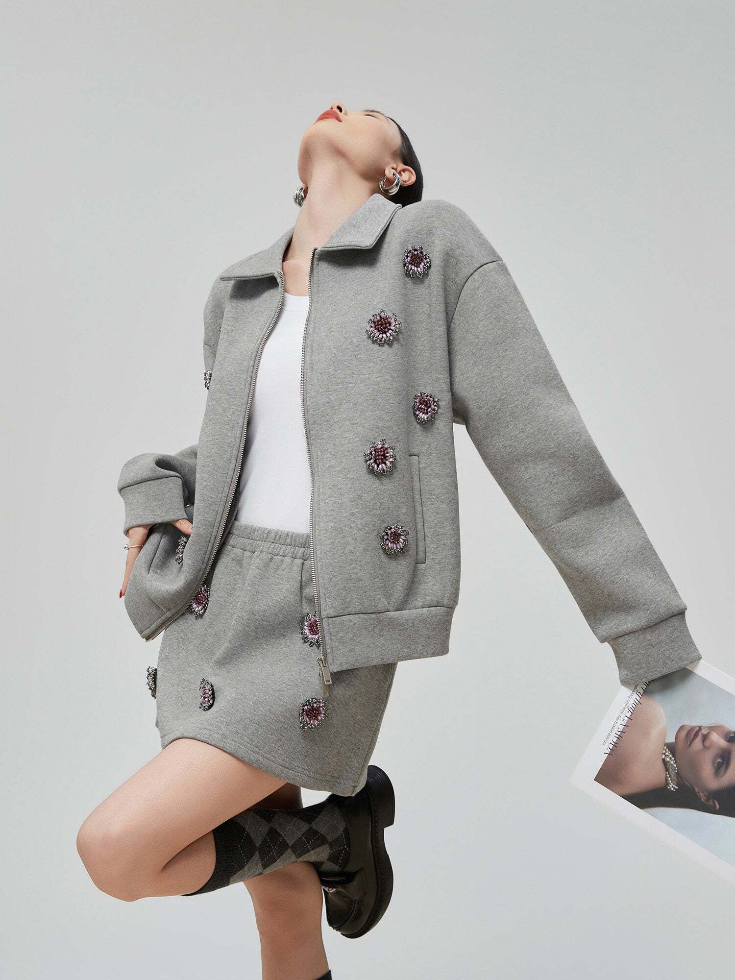 Gray Rhinestone Long-Sleeve Jacket / High-Waist Skirt Gray Rhinestone Long-Sleeve Jacket / High-Waist Skirt