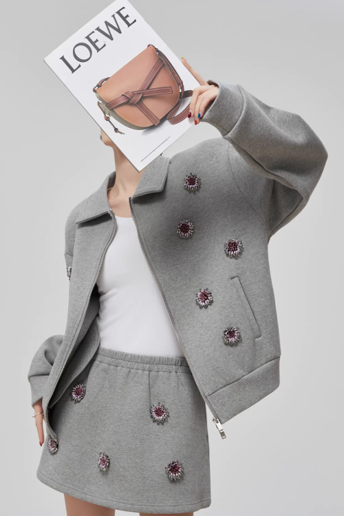 Gray Rhinestone Long-Sleeve Jacket / High-Waist Skirt