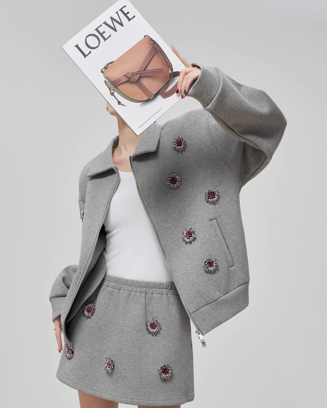 Gray Rhinestone Long-Sleeve Jacket / High-Waist Skirt Gray Rhinestone Long-Sleeve Jacket / High-Waist Skirt