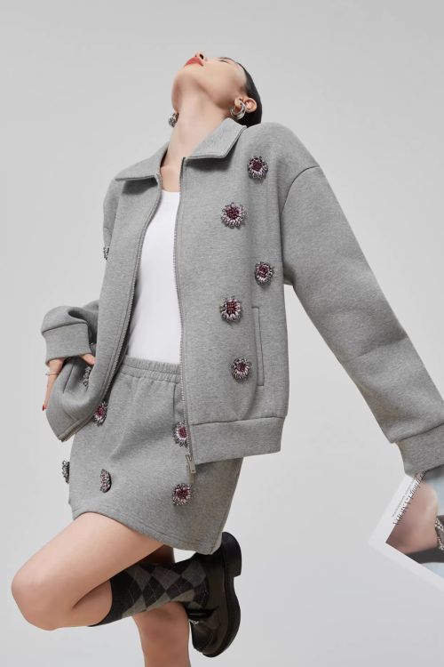 Gray Rhinestone Long-Sleeve Jacket / High-Waist Skirt