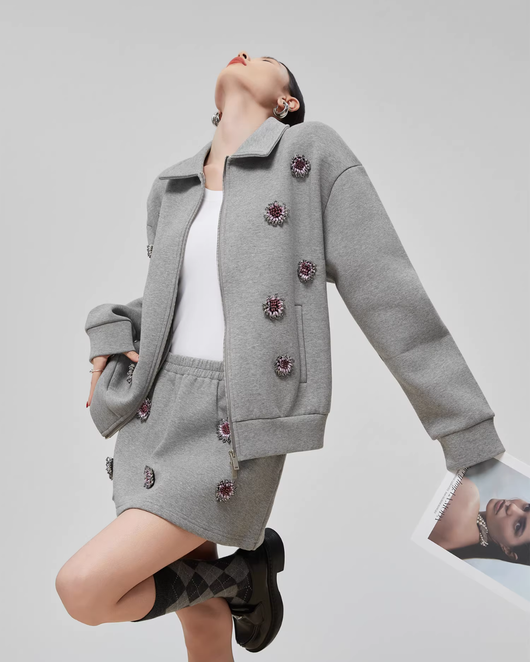 Gray Rhinestone Long-Sleeve Jacket / High-Waist Skirt Gray Rhinestone Long-Sleeve Jacket / High-Waist Skirt