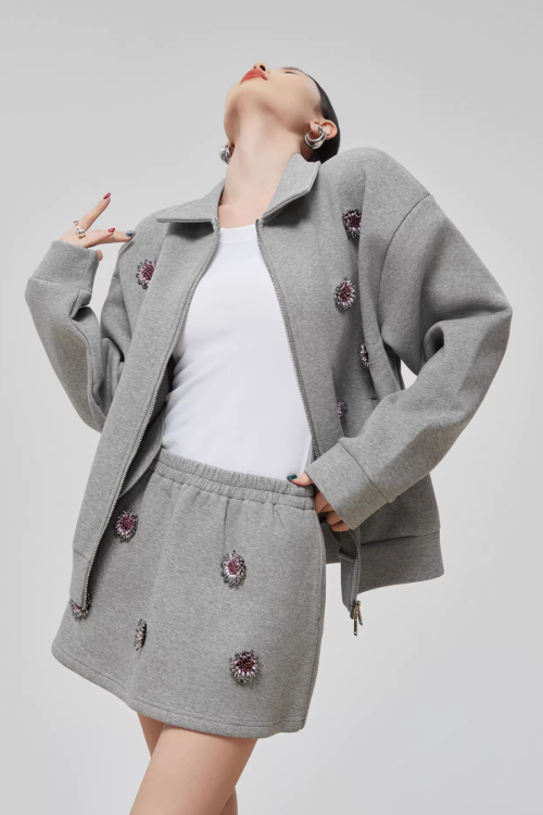 Gray Rhinestone Long-Sleeve Jacket / High-Waist Skirt
