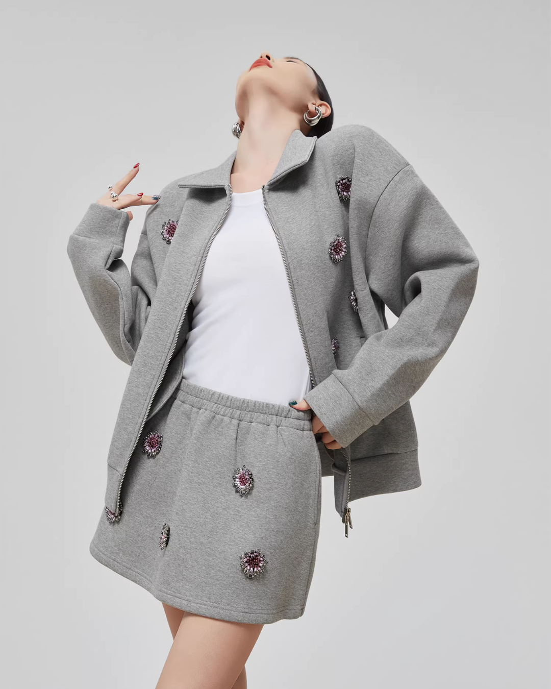 Gray Rhinestone Long-Sleeve Jacket / High-Waist Skirt Gray Rhinestone Long-Sleeve Jacket / High-Waist Skirt