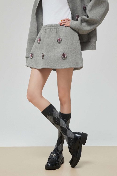 Gray Rhinestone Long-Sleeve Jacket / High-Waist Skirt