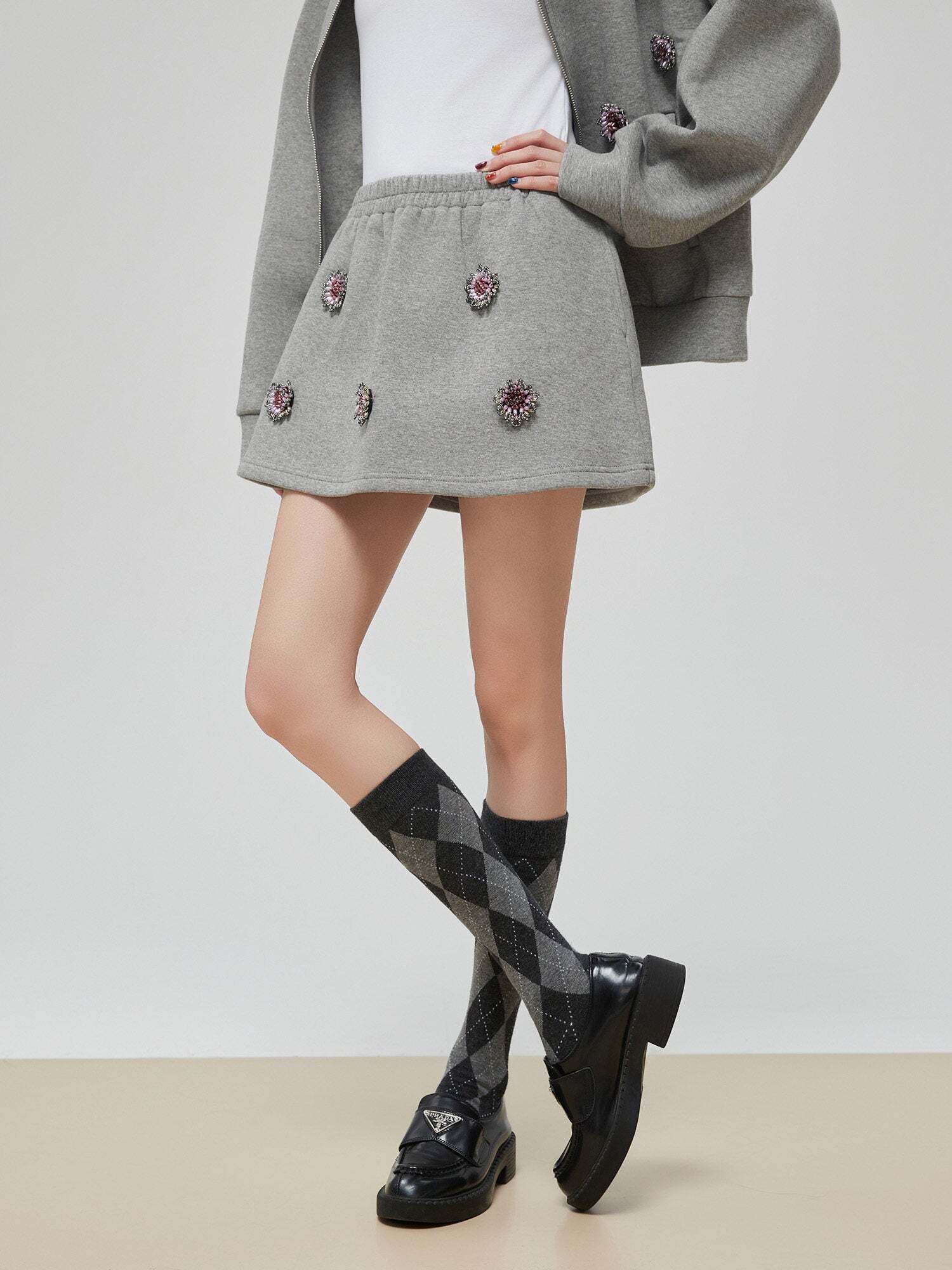 Gray Rhinestone Long-Sleeve Jacket / High-Waist Skirt Gray Rhinestone Long-Sleeve Jacket / High-Waist Skirt