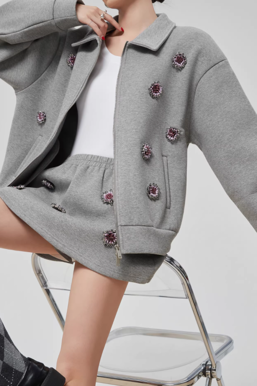 Gray Rhinestone Long-Sleeve Jacket / High-Waist Skirt