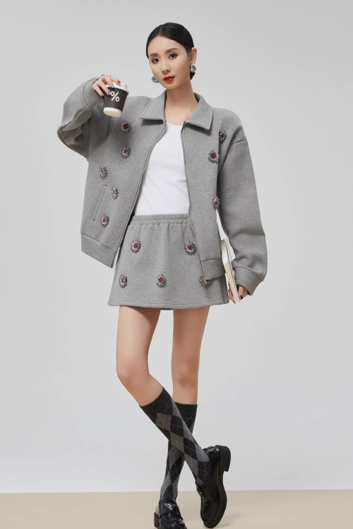 Gray Rhinestone Long-Sleeve Jacket / High-Waist Skirt