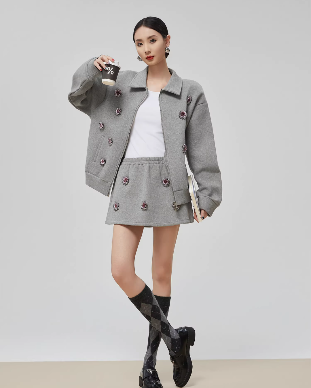 Gray Rhinestone Long-Sleeve Jacket / High-Waist Skirt Gray Rhinestone Long-Sleeve Jacket / High-Waist Skirt