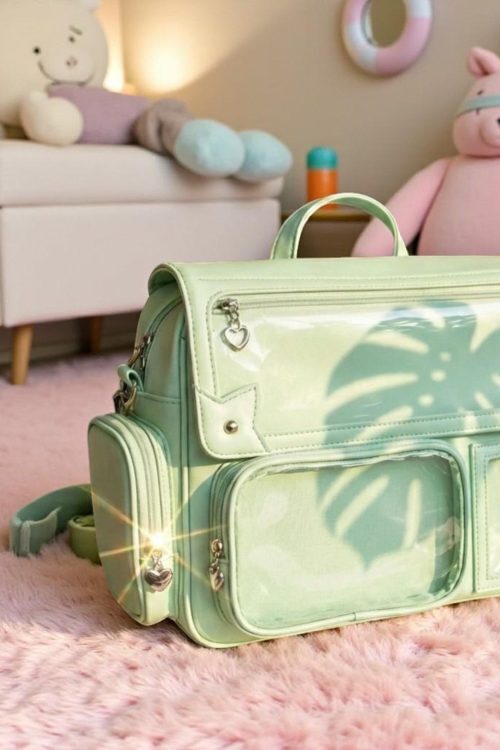 Green Kawaii Convertible Ita Bag with Clear Window for Pin Display