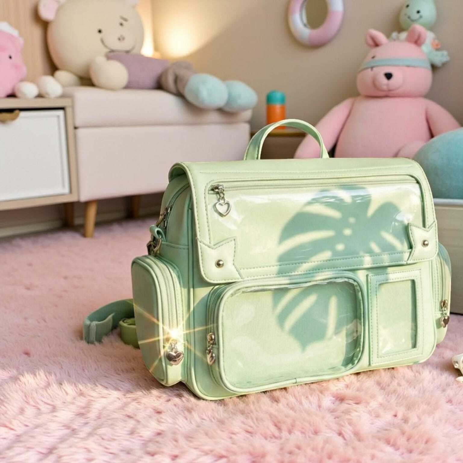 Green Kawaii Convertible Ita Bag with Clear Window for Pin Display Green Kawaii Convertible Ita Bag with Clear Window for Pin Display