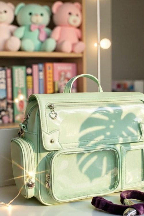 Green Kawaii Convertible Ita Bag with Clear Window for Pin Display