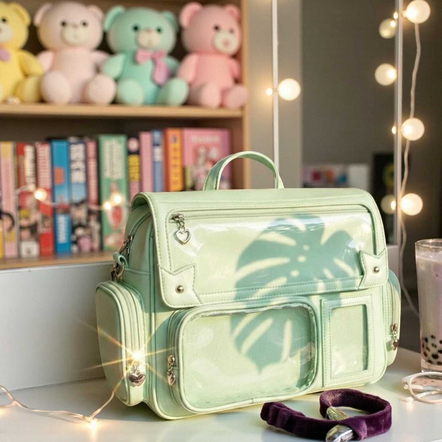 Green Kawaii Convertible Ita Bag with Clear Window for Pin Display Green Kawaii Convertible Ita Bag with Clear Window for Pin Display