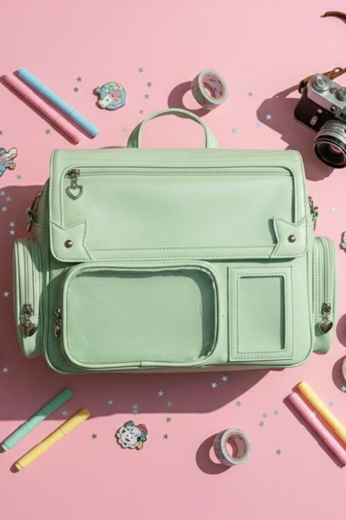 Green Kawaii Convertible Ita Bag with Clear Window for Pin Display