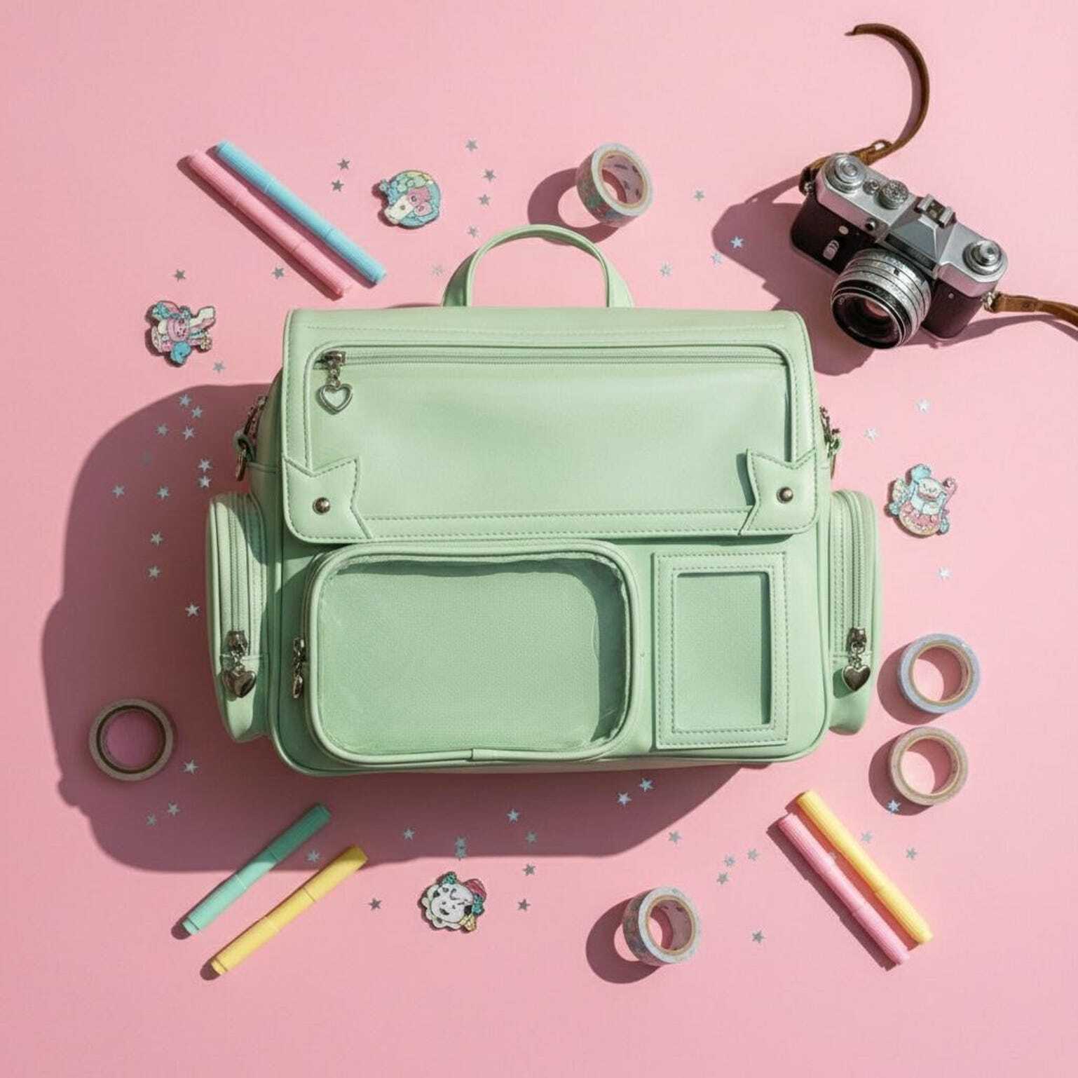 Green Kawaii Convertible Ita Bag with Clear Window for Pin Display Green Kawaii Convertible Ita Bag with Clear Window for Pin Display
