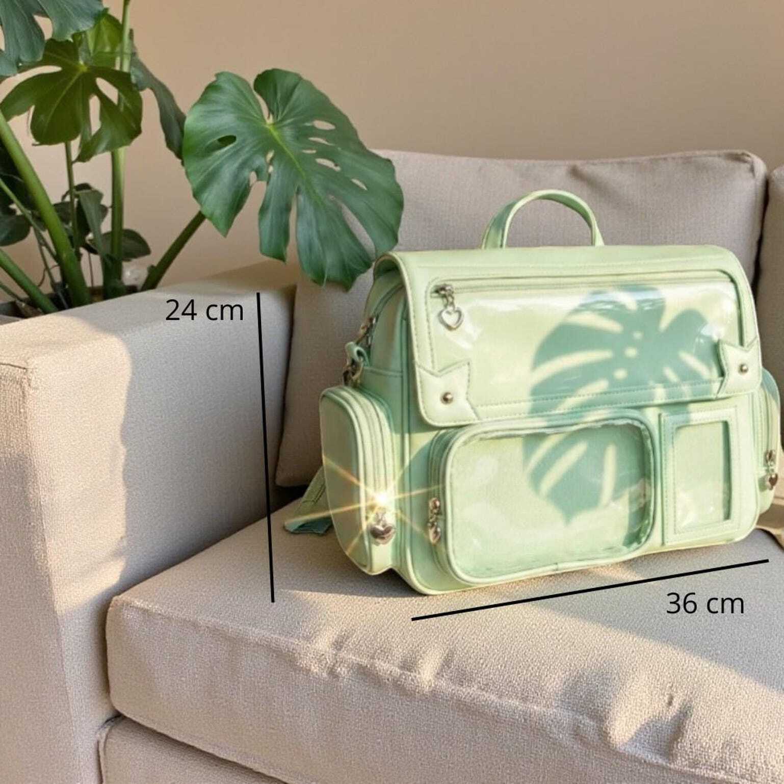 Green Kawaii Convertible Ita Bag with Clear Window for Pin Display Green Kawaii Convertible Ita Bag with Clear Window for Pin Display