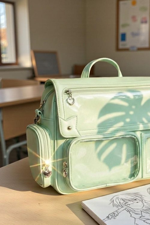 Green Kawaii Convertible Ita Bag with Clear Window for Pin Display