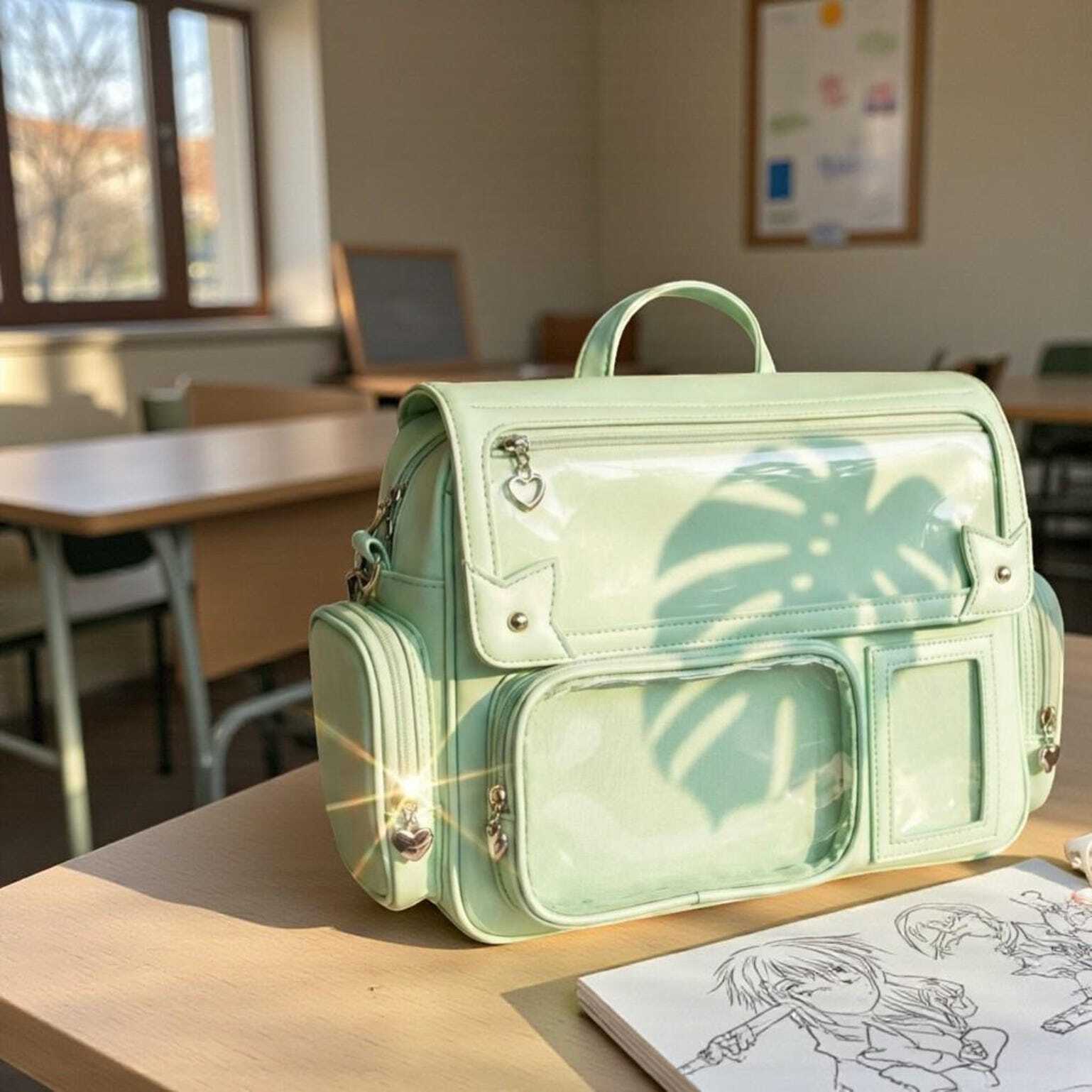 Green Kawaii Convertible Ita Bag with Clear Window for Pin Display Green Kawaii Convertible Ita Bag with Clear Window for Pin Display