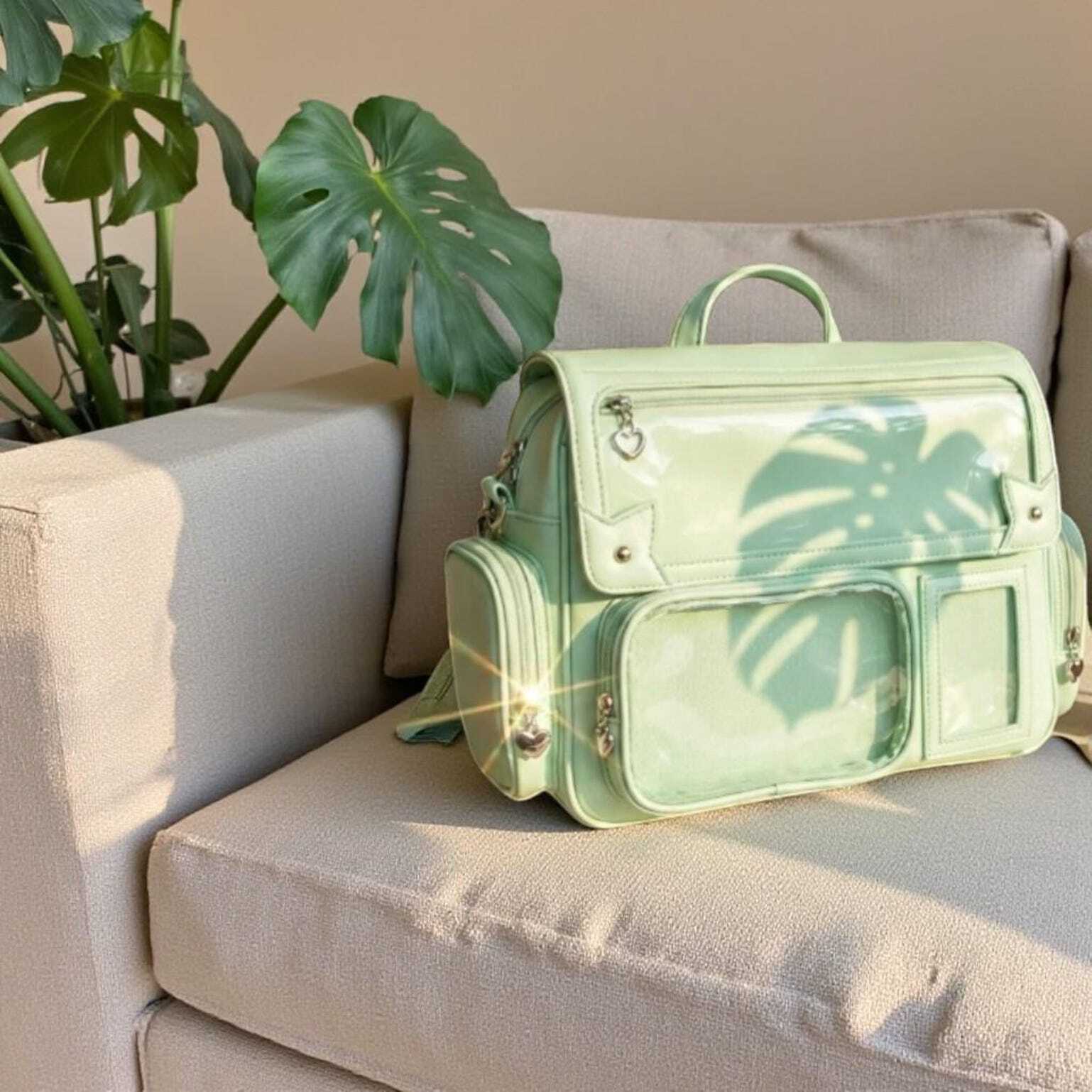 Green Kawaii Convertible Ita Bag with Clear Window for Pin Display Green Kawaii Convertible Ita Bag with Clear Window for Pin Display